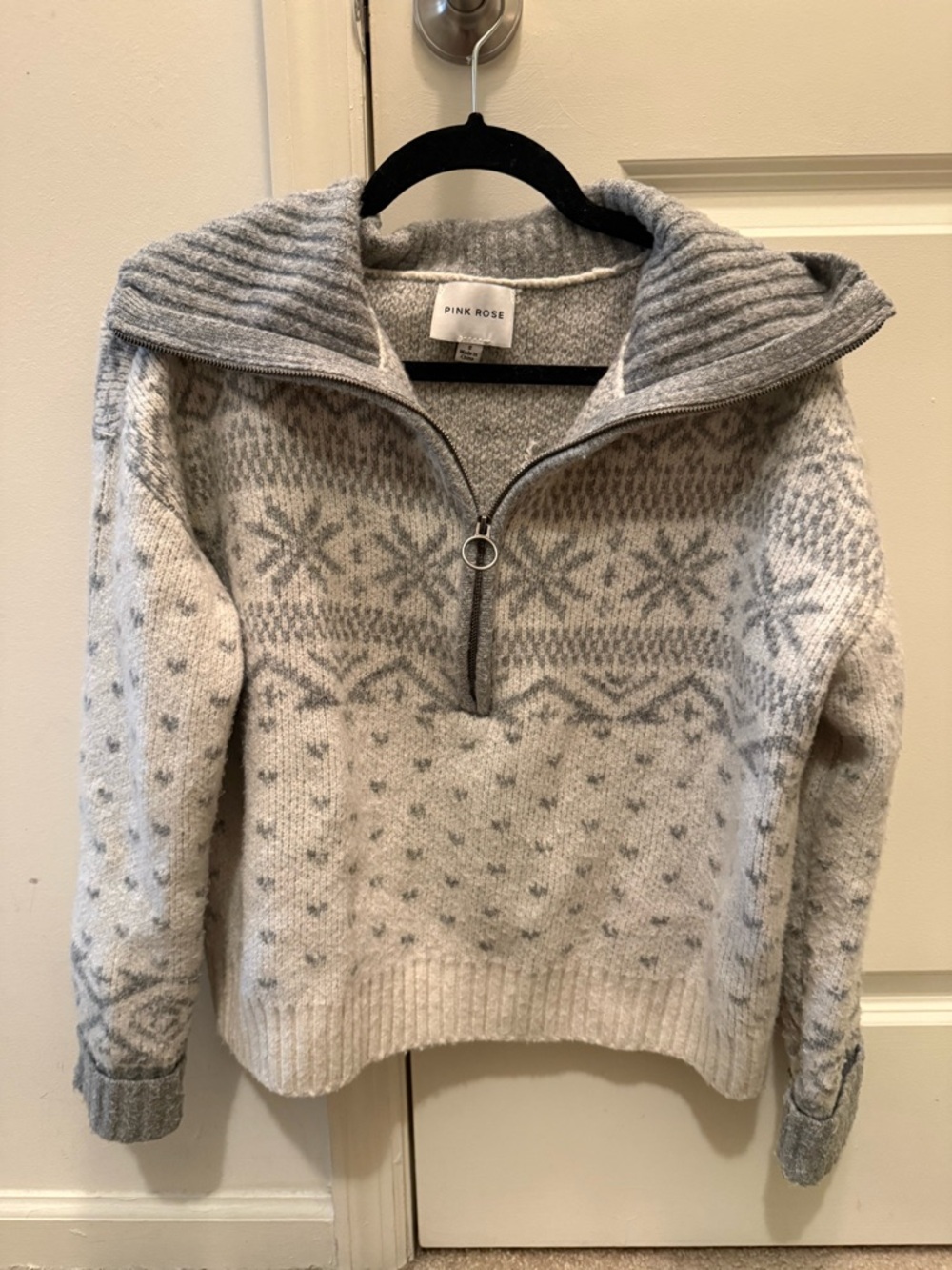 Pink Rose Cream & Gray Fair Isle Half-Zip Sweater
